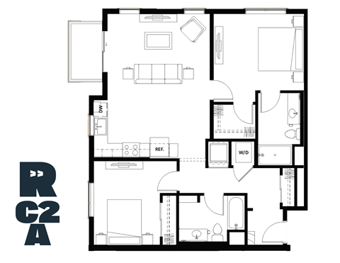 Floor plan for 2 beds, 2 baths, 1074 sqft